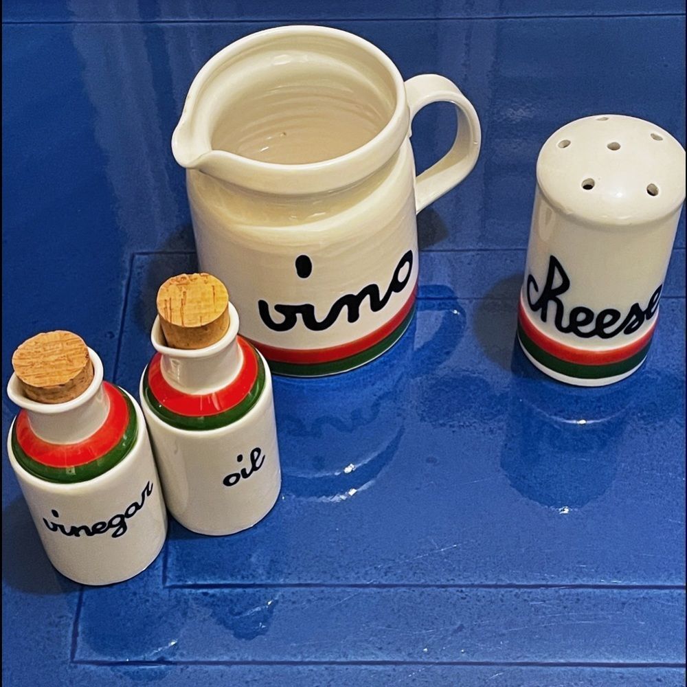 Baldelli Italy LOT - Oil & Vinegar Cruet Set, Cheese Shaker, Large Vino Pitcher